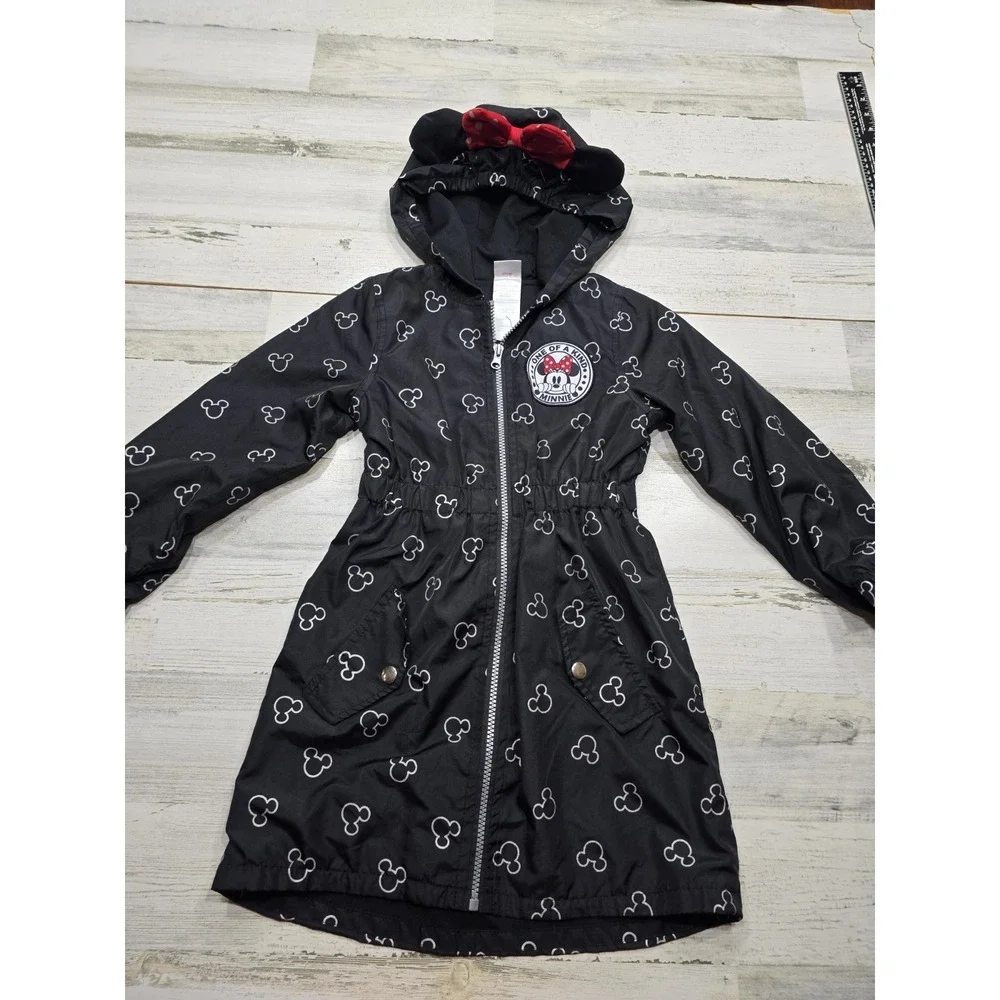 Disney Minnie Mouse Girls Black Hooded Windbreaker Jacket 3D Ears Bow Size 8